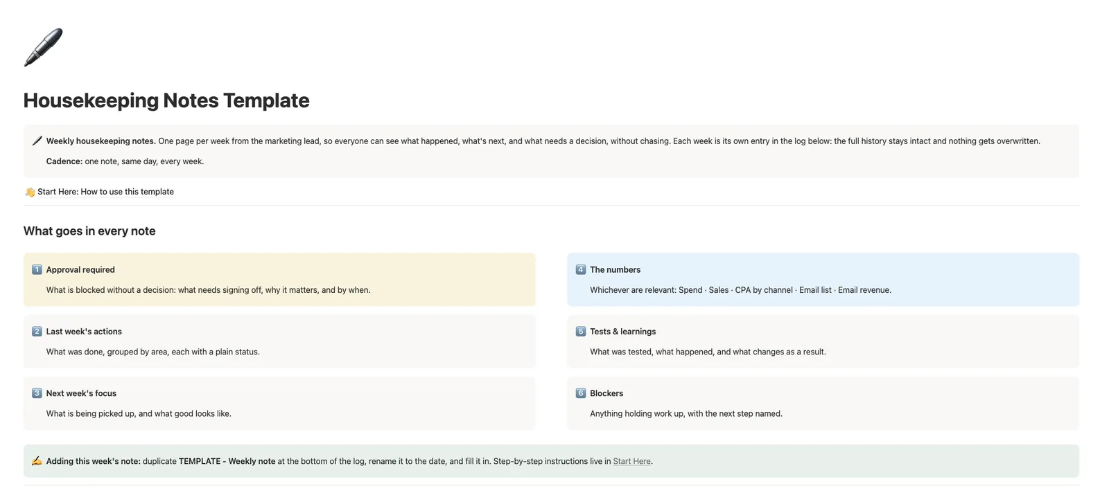 Housekeeping Notes Notion template dashboard showing the six sections that go in every weekly marketing note
