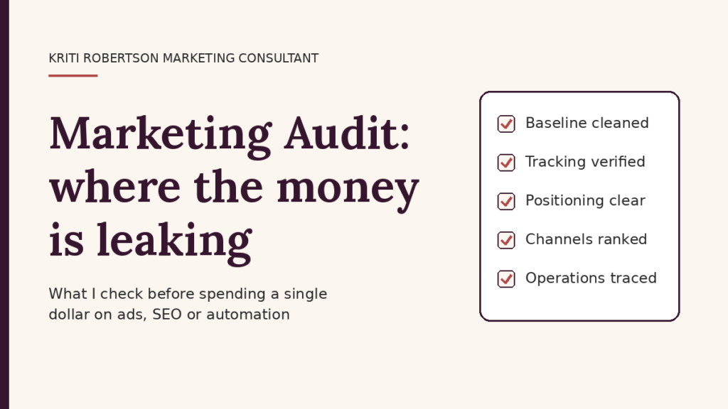Marketing audit checklist from a business marketing consultant: baseline cleaned, tracking verified, positioning clear, channels ranked, operations traced